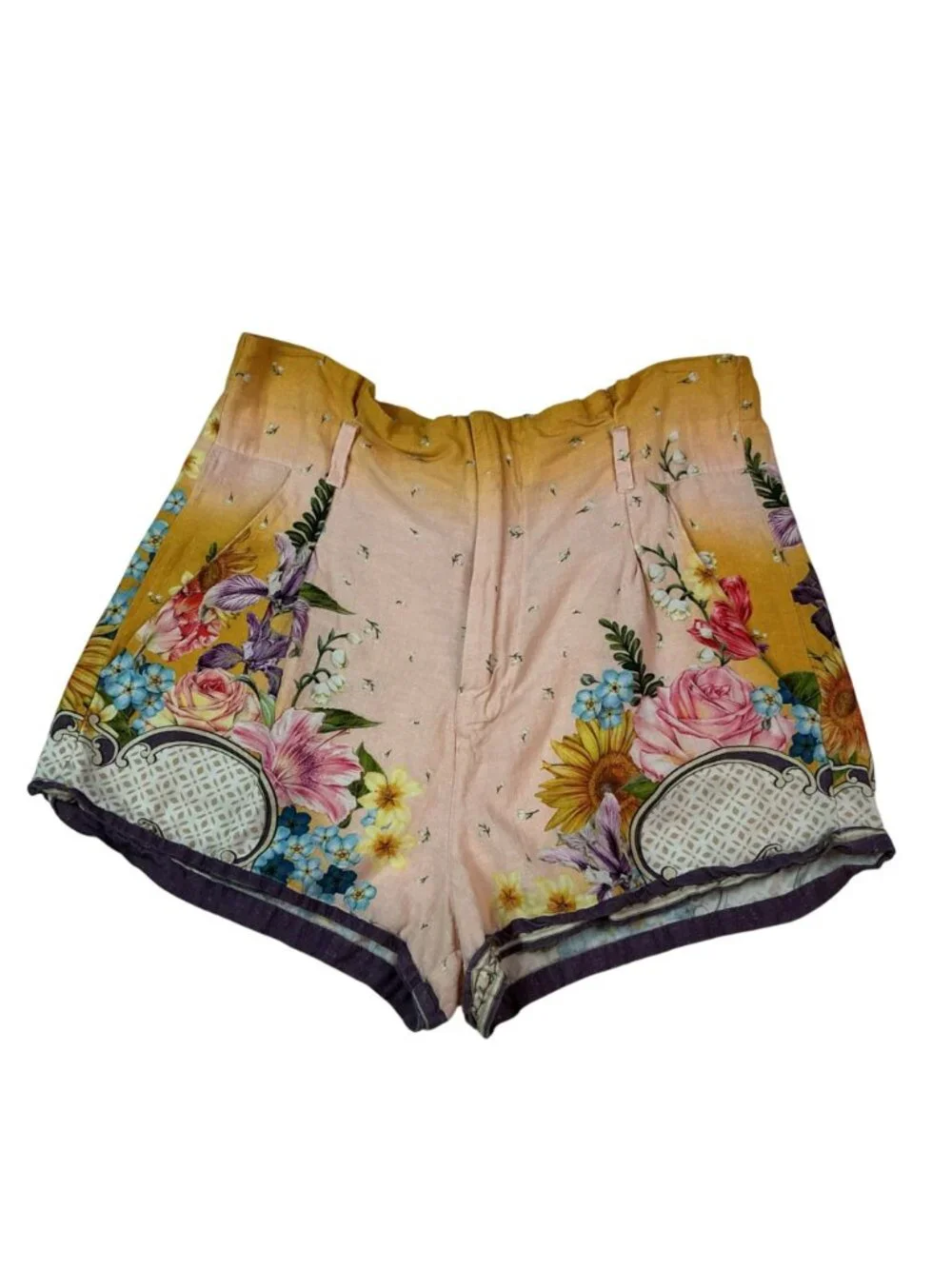 Agua Bendita Floral High-Waisted Shorts Handmade Womens Medium Pink/Yellow